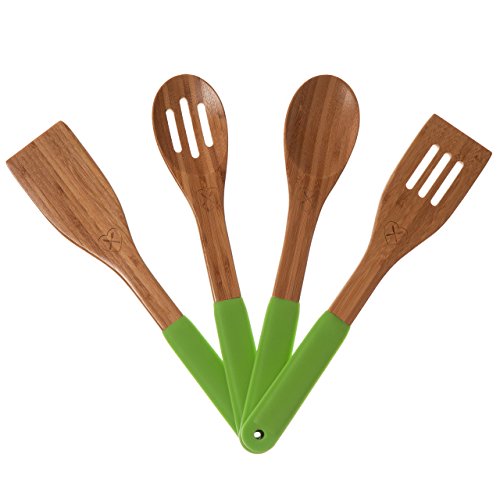 NEW Product -The Kitchen Love Wooden Bamboo Utensils Set With Wooden Serving Cooking Spoons And Spatula With Storage Holes And Silicone Handles With Free Cheesecloth (Green)