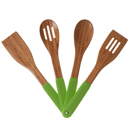 NEW Product -The Kitchen Love Wooden Bamboo Utensils Set With Wooden Serving Cooking Spoons and Spatula with Storage Holes and Silicone Handles with Free Cheesecloth (Green)