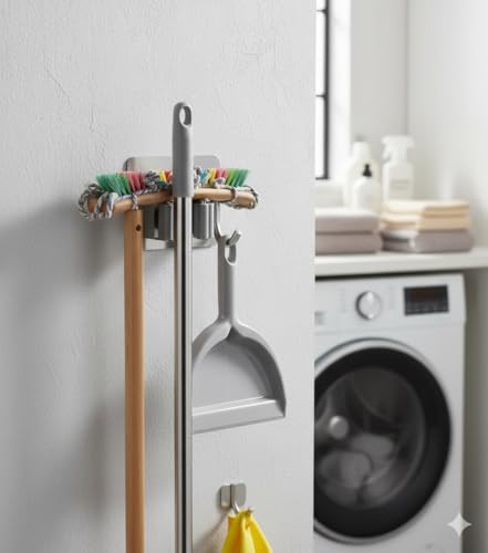 Kit com 2 Suportes de Parede Inox para Vassouras e Rodos e Gancho | Fixação Sem Furos, Organização Forte e Durável, Suporta 5Kg, Multiuso