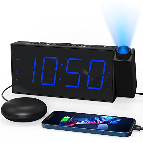 Mesqool Projection Alarm Clock, Loud Vibrating Alarm Clock for Heavy Sleepers, Adjustable