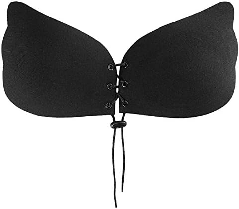 Women's Invisible Strapless Self Adhesive Push Up Backless Silicone Bras with Drawstring Black B