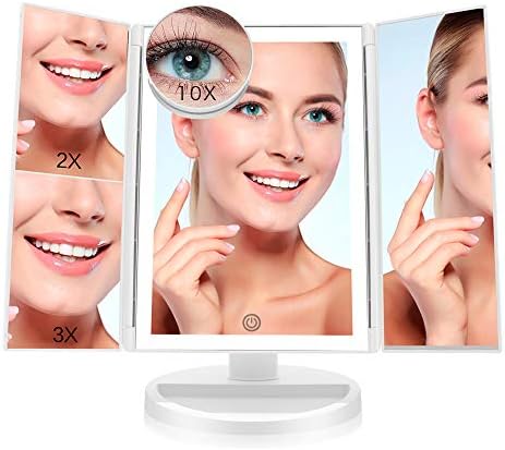 FASCINATE Illuminated Makeup Mirror with lights, 36 LED Trifold Dressing Table Mirror Vanity Mirror 10X 3X 2X 1X Magnification Touch Screen, 180 Degree Rotation Light up Countertop Cosmetic Mirror