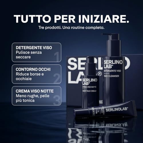 SERLINO LAB Skincare Kit: Anti-Aging Night Face Cream + Anti-Bag Eye Contour + Men's Face Cleanser - Hydration, Anti-Wrinkles, Deep Cleansing