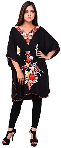 CRAFTBAZARWomen's Boho Embroidered Black Rayon Kaftan Top (Free Size)