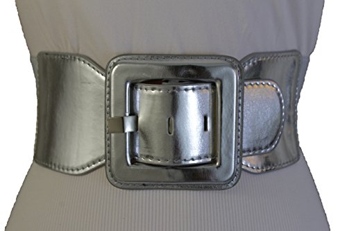 TFJ Women Fashion Belt Hip High Waist Wide Elastic Waistband Square Buckle M L Silver