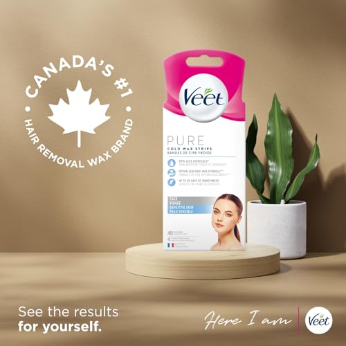Veet PURE Legs & Body Wax Strips for Sensitive Skin, Cold Wax with Hypoallergenic Formula & Fewer Chemicals, Up to 28 Days of Smoothness, 40 Wax Strips + 4 Perfect Finish Wipes
