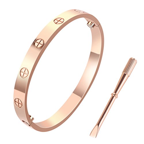 Yeemer Stainless Steel Love Screw Oval Bracelet Bangle Women Men with Screwdriver (16cm Rose gold)