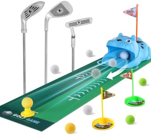 Upgraded Kids Toy Golf Set with Tiger Automatic Golf Returner, 4 Led Glowing Balls, 3 Durable Clubs for 3-7 Toddler Mini Golf Games, Indoor Outdoor Sports Toys for Boys Girls