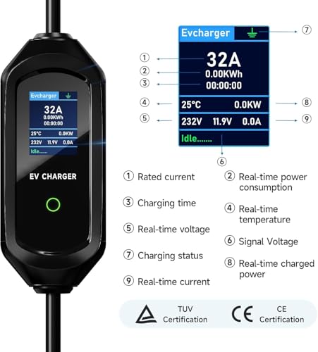 Type 2 Electric Car Charging Cable, 7.2 kW/6-32A/10M Mobile Wallbox with App, Portable Schuko Charging Cable, 1-15H Timer Function and IP65 for EV PHEV IEC 62196-2
