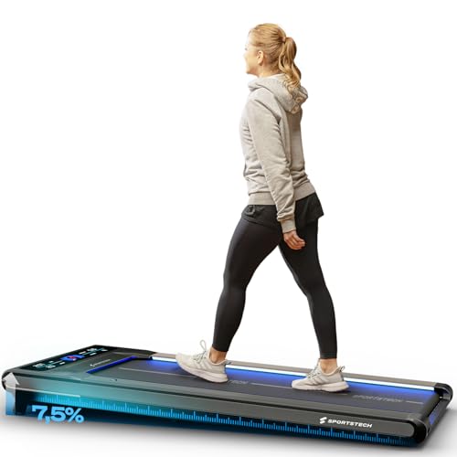 sWalk Walking Pad Laufband mit LED - Deutsche Qualitätsmarke - 1-6 km/h Geschwindigkeit mit interaktivem LCD-Display & App kompatibel - Flexibles Unde