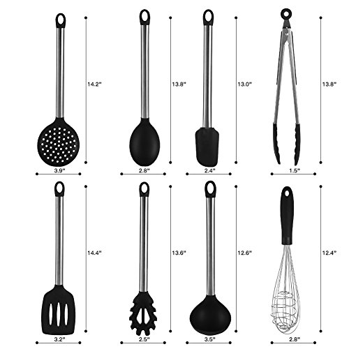 Kitchen Utensil Set - 8 Cooking Utensils Kit Gadgets with Nonstick Silicone & Stainless Steel - Kitchen Tools Serving Spatula, Spoon, Tongs, Whisk, Strainer, Ladle, Pasta Server, Slotted Turner