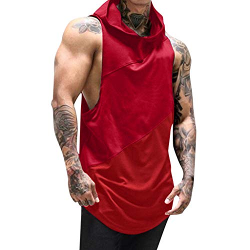 Men's Sport Fitness Net Yarn Patchwork Mesh Hoodie Sleeveless Singlet T-Shirt Top Vest Tank Red
