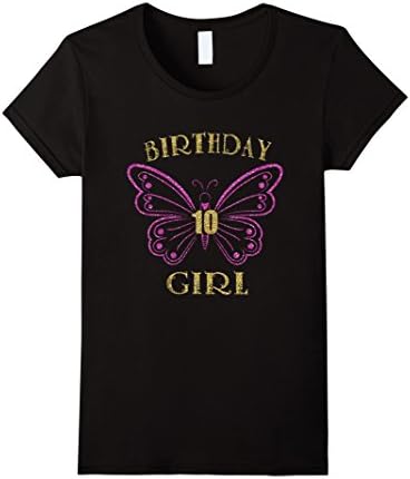 Women's 10th Birthday Girl Shirt Pink &amp; Gold Glitter Butterfly Shirt Small Black
