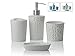Designer 4-Piece Ceramic Bath Accessory Set | Includes Liquid Soap or Lotion Dispenser w/Toothbrush Holder, Tumbler, Soap Dish | Vintage Damask | Alpine White