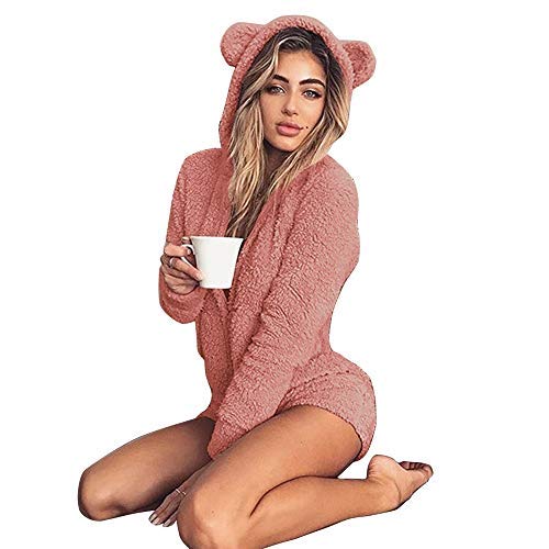 Okvpajdo Women Sherpa Fleece Pajama Suit Hooded Cute Bear Ears Long Sleeve Zipper Short Jumpsuit Sleepwear Romper Pink
