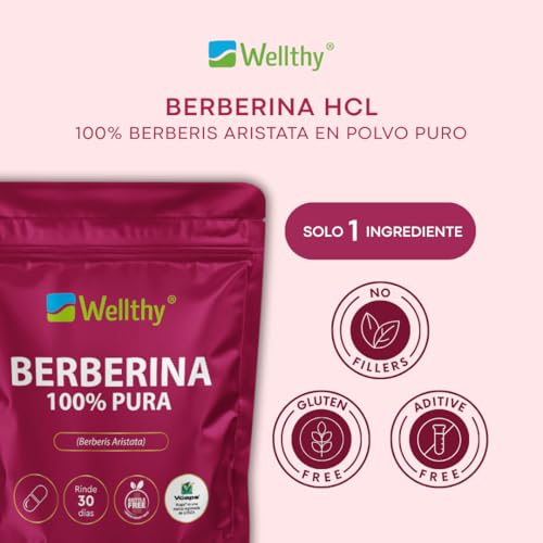Wellthy Berberina Pura 60 Cápsulas. 100% Berberis Aristata, 500mg c/u, 30 dias de consumo, VCaps Cápsulas Veganas, Bottle Free.