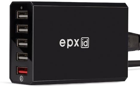 EPXID Quick Charge 2.0 40W Multi-Port USB Desktop Charging Station Dock with Smart IC Technology, 1 Port QC2.0 + 4 Port with Smart IC Technology, 5 Port Desktop Charger for SmartPhones (Black)