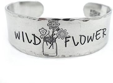 wide bracelet, wild flower mason jar, hand stamped bracelet, hand stamped jewelery