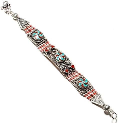 JEWELS EMPIRE 925 Tibetan Silver Plated Blue Turquoise & Red Coral Gemstone Handmade Nepali Bracelet Jewelry (SF-510)