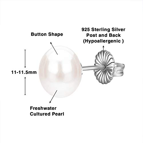 925 Sterling Silver 11-11.5mm White Freshwater Cultured Button Pearl Stud Earrings