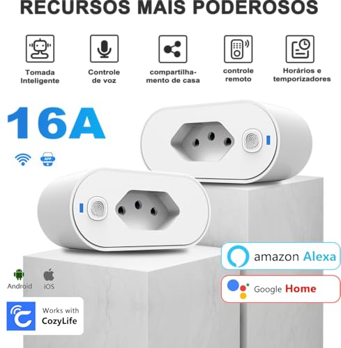 Kit de 2 Tomada Inteligente, Smart Plug Wi-Fi 16A, Casa Inteligente, Ligue ou Desligue seus Eletrodomésticos Através do Celular, com Medidor de Consumo, Compatível com Alexa e Google Assistente