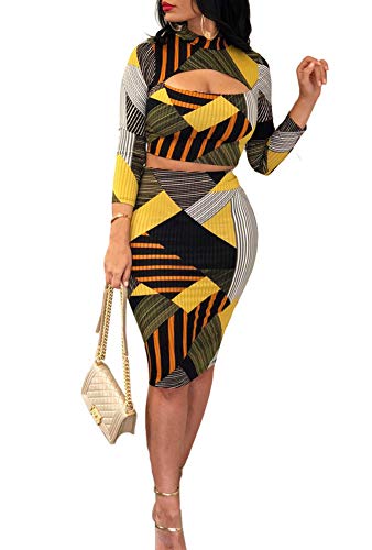 Women Two Piece Outfit - Long Sleeve Floral Crop Top Midi Skirt Set Dress Suit Party Clubwear Yellow M