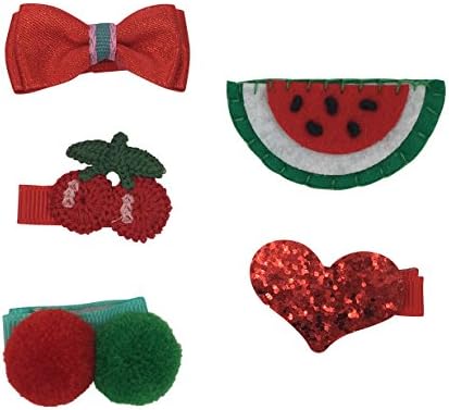 PeiLan 5Pcs Gril Hair Accessories Set Hairpin Ribbon Bows Clips Flower Paillette Love Pompon (Watermelon &amp; Cherry)