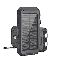 Solar Powered Portable Charger, LSXD Solar Power Bank 10000mAh Waterproof, Dual USB External Backup Battery Pack with 2 Flashlights Carabiner and Compass,Dark Black