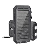 Solar Powered Portable Charger, LSXD Solar Power Bank 10000mAh Waterproof, Dual USB External Backup Battery Pack with 2 Flashlights Carabiner and Compass,Dark Black