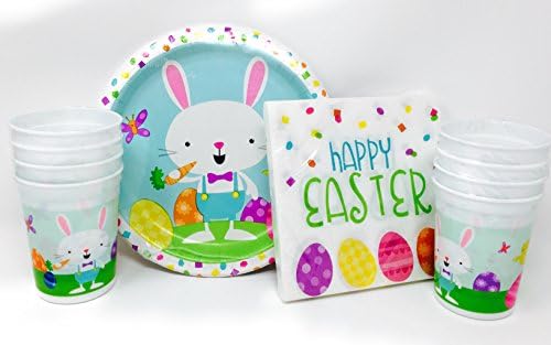 Easter Adorable Cartoon Bunny Party Plate, Napkin and Tumbler Bundle - 3 Items, Setting for 8