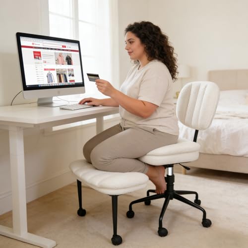 DIDAINT Cross Chair with Wheels, Ergonomic Armchair with Crossed Legs, Wide Seat Faux Sheep Fur, 360° Swivel and Height Adjustable, Ideal for Meditation, Yoga, Office, ADHD