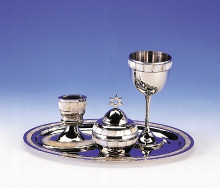 Highly Polished Non-Tarnishing Metal Havdalah Set with Mother of Pearl Design