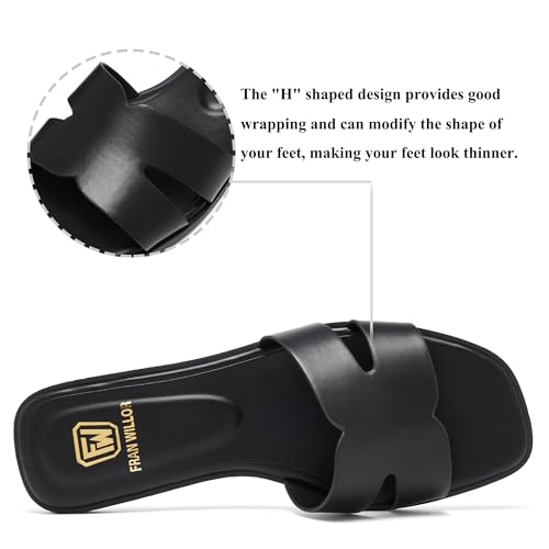 FW FRAN WILLOR Women's Flat Sandals Dressy Comfortable Slide Sandals Fashion Square Open Toe Slip On Beach Sandals for Summer