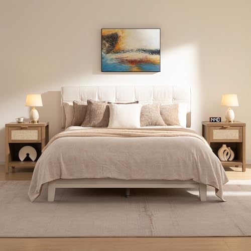 SICOTAS Rattan Nightstand Set of 2 - Farmhouse Night Stand with Drawer and Storage Shelf - Boho Bedside Table End Table Side Table Accent Table for Bedroom