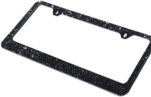 7 Row Bling Pure Black (A-TYPE SCREW CAP) Crystal Rhinestone-Metal Black License Plate Frame with Two Caps