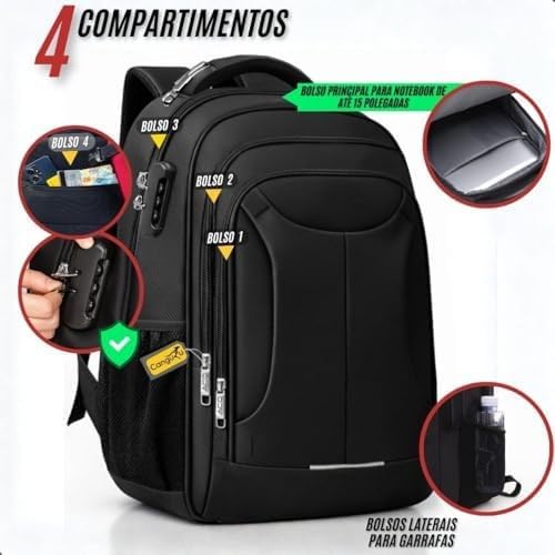 VMKLY - Mochila Bolsa Masculina Feminina Notebook Anti Furto Reforçada Semi Impermeável Escolar Faculdade Trabalho Viagem Resistente Executiva Cabo De Aço Saída Usb SAÍDA Fone DE OUVIDO - 2102 preto