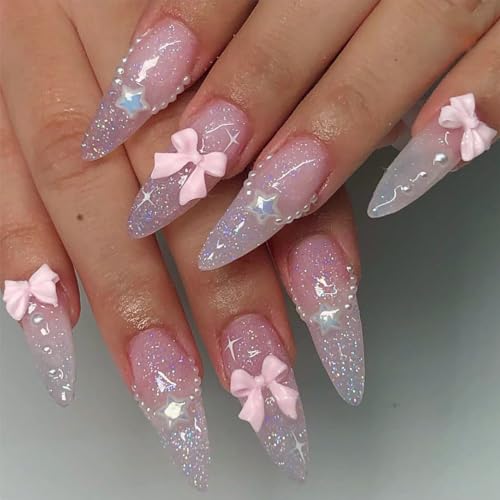 TENPAL Cute Pink Bow 3D Design Press on Nails Almond,Sweet Star Glitter Pearl French Tips False Nails with Tools Kit,Shimmering Soft Gel Fake Nails with Designs, Easy Apply Reusable Manicure Kits at Amazon