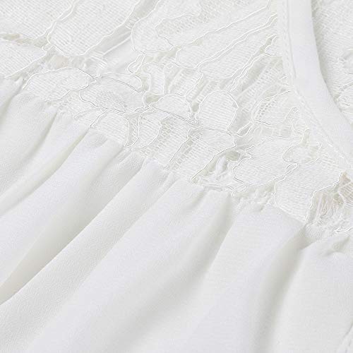 TIFENNY Vintage Lace Shirt for Women Loose Three Quarter V-Neck T Shirts Tops Lace Patchwork Hem Blouse White