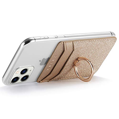 Card Holder for Back of Phone, Acrsikr RFID Blocking Glitter Cell Phone Credit Wallet with Ring Pocket Stick on iPhone