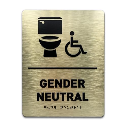 Photo 1 of Gender Neutral Restroom Sign by GDS - ADA Compliant, Wheelchair Accessible, Raised Icons, & Grade 2 Braille - Includes Adhesive Strips for Easy Installation - Bathroom Signs for Business, Restroom Sign, Restroom Signs for Business - 6" W x 8" H (Brushed G