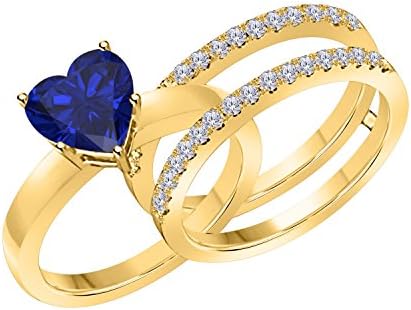 1.50 Ct Heart Shape Blue Sapphire &amp; Simulated Diamond Enhancer Solitaire Engagement Ring 14k Yellow Gold Plated Guard Wrap Jacket