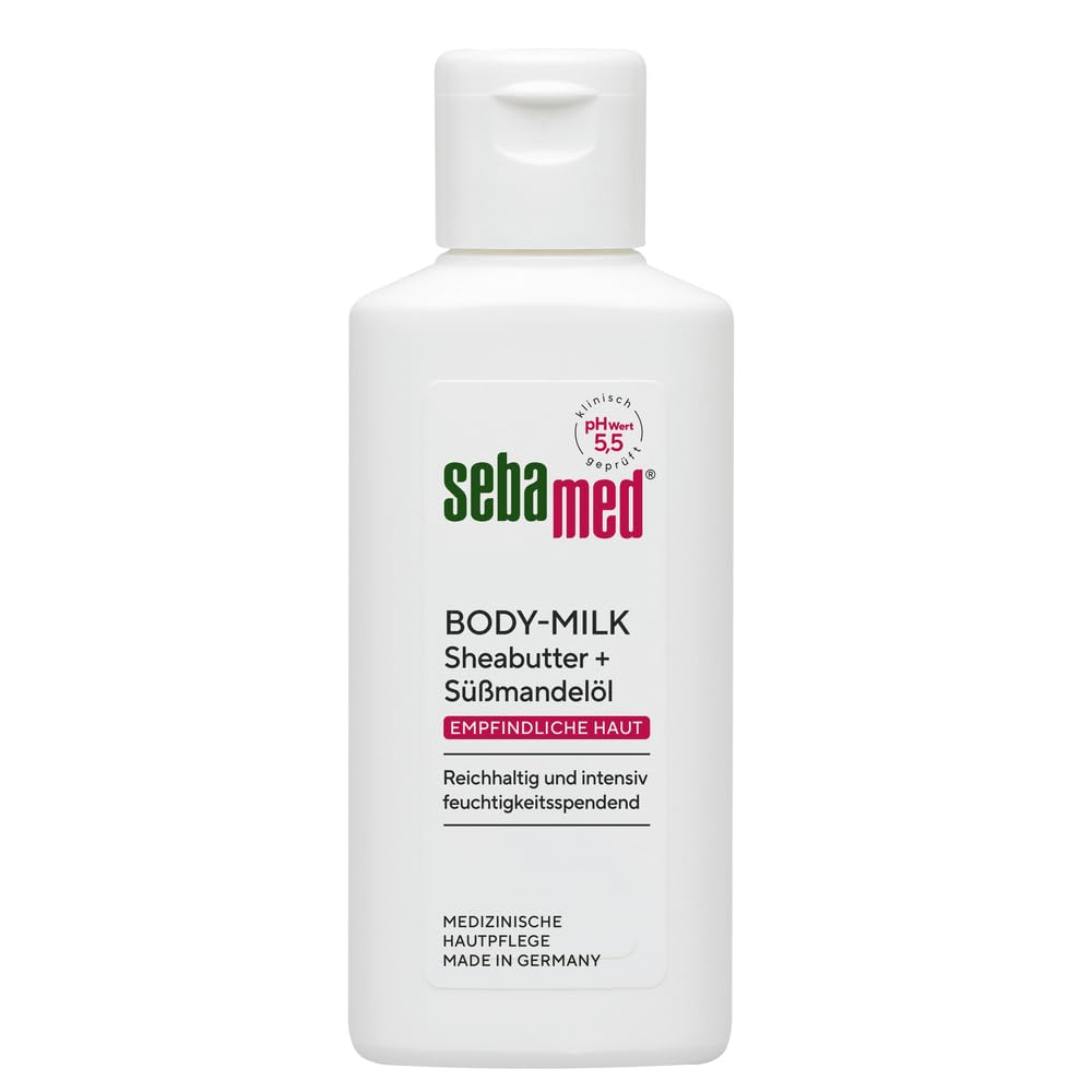 Sebamed Bodymilk 50 ml, in praktischer Reisegröße für unterwegs, Körpercreme, reichhaltig und intensiv feuchtigkeitsspendend, mit Süßmandelöl und Sheabutter
