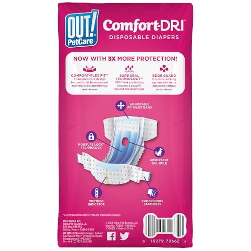 OUT! PETCARE DISPOSABLE DOG DIAPERS FOR FEMALE DOGS, DOG HEAT DIAPERS, FEMALE DOG PERIOD PADS, FEMALE DOGGY DIAPER FOR PEEING, PET DIAPERS FOR SMALL PETS,13”-18” WAIST, XS/SMALL, 16 COUNT