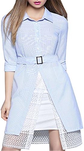 Henraly Spring Autumn Casual Women's designer Sashes 2 Piece Dress Single Breasted Hollow Out Split Light blueM
