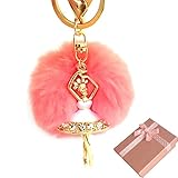 Elesa Miracle Girl Women Fur Ball Rhinestone Ballerina Keychain, Ballet Dancing Girl Handbag Accessories, Car Key Chain Rings Gift Pack (Pink)