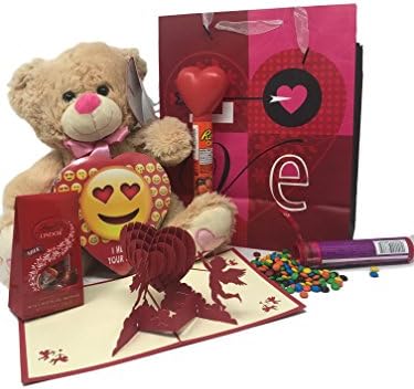 Valentines Day Gift Basket Set | 12 Inch Teddy Bear Plush, Lindt Lindor Milk Truffles, Hershey Reeses Pieces, I Heart You Love Emoji Chocolate,M&amp;M Minis | 3D Valentines Card &amp; V-Day Gift Bag