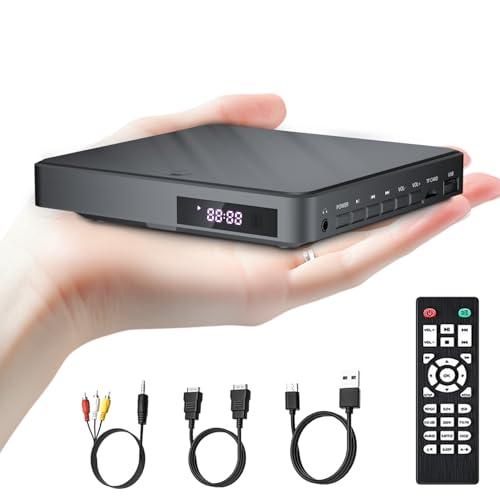 Desobry DVD Player for TV, Mini DVD Player HDMI Full HD 1080P, USB DVD Player with USB/TF Inputs, All Regions, Error Correction, Noise Reduction, HDMI/RCA Cables Included