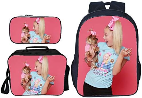Children Backpack, 16 Inch 3D Jojo Siwa Pattern Student School Bag Laptop Backpack Baackpack + Lunch Box + Pencil Case 3 in 1 Set, Large-Capacity Leisure Sports Rucksack
