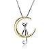 S.Leaf Cat Moon Necklace Sterling Silver Cat and Moon Collar Necklace (Silver and Gold)