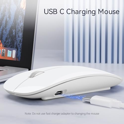 Uiosmuph U58 Wireless Rechargeable Optical Mouse, 2.4G Silent Wireless Mouse Ultra Portable with USB Nano Receiver and Type-C Adapter for PC/Tablet/Laptop (White)